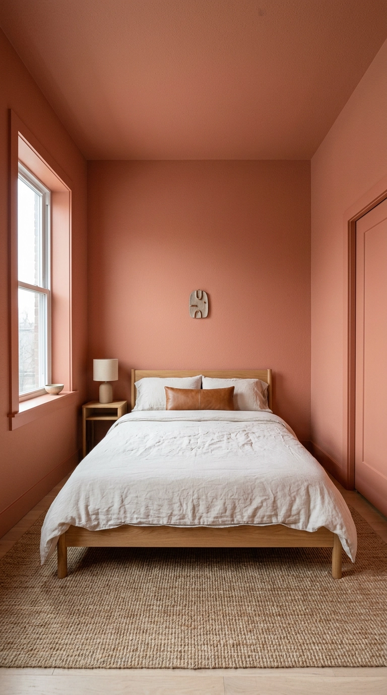 Small guest bedroom color drenched in dusty coral on walls, trim, and ceiling