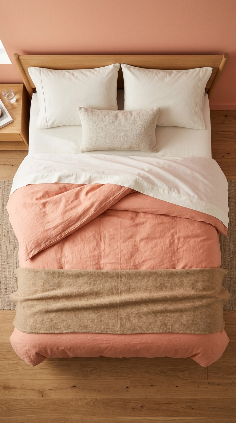 Overhead view of a bed layered in coral linen, bone white, and camel wool