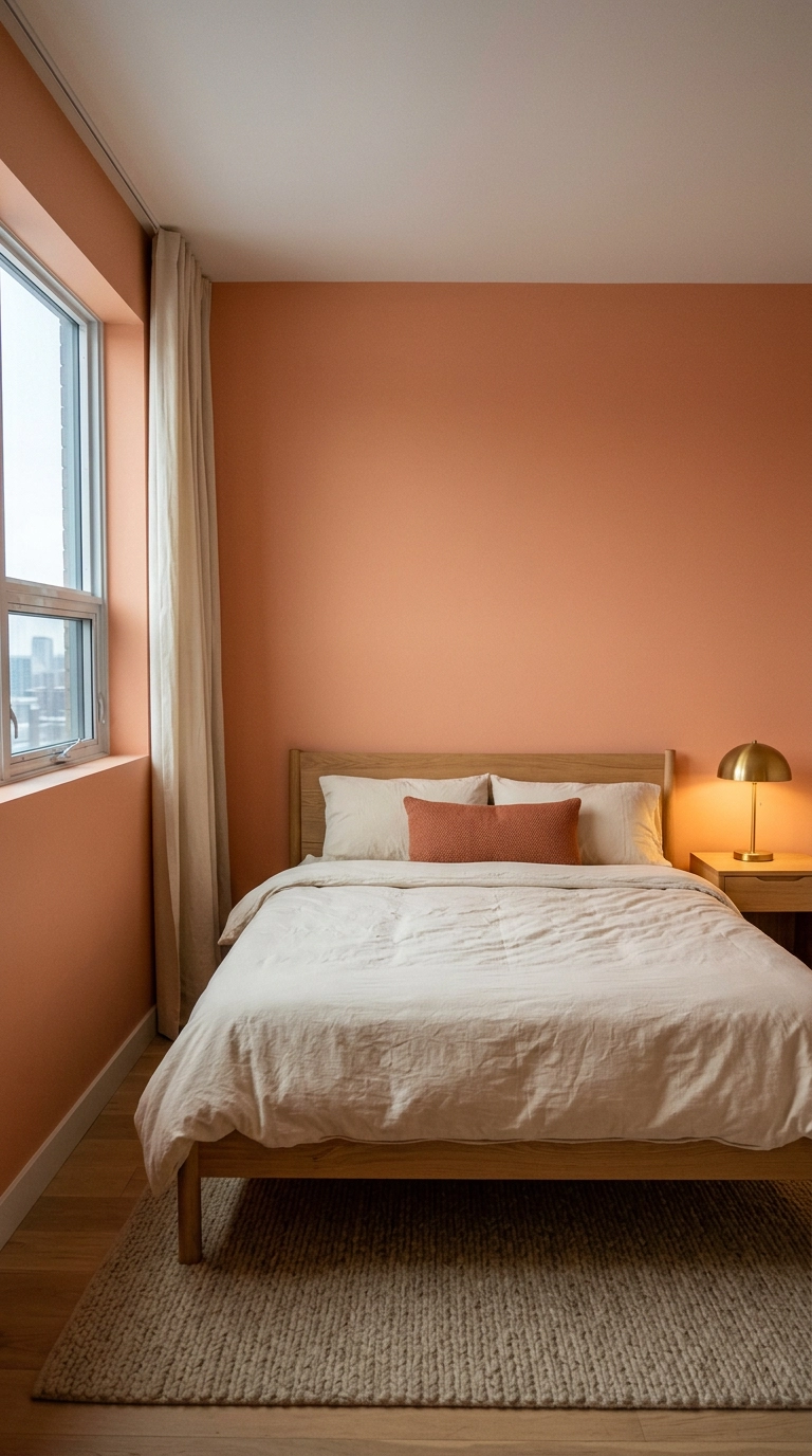 Warm peachy coral walls brightening a small north-facing bedroom