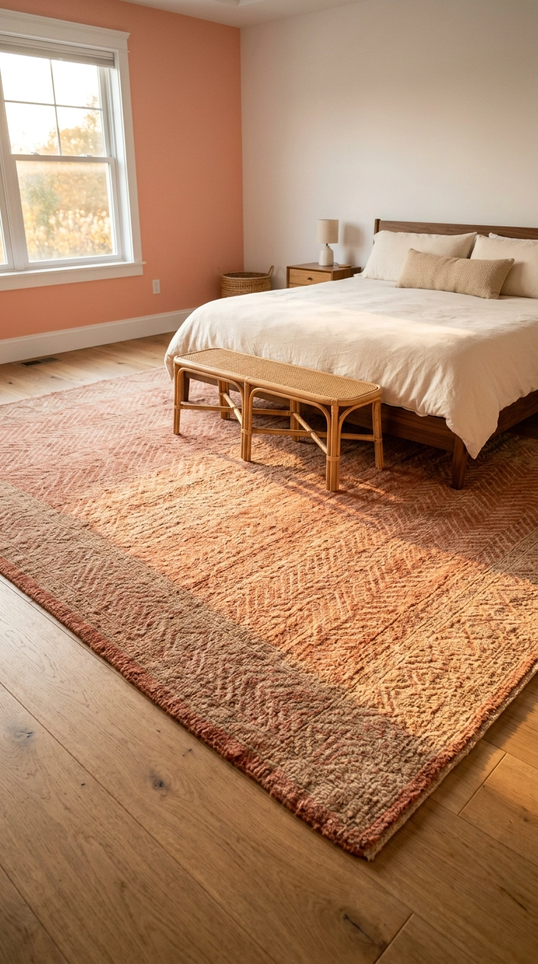 Faded coral and sand wool rug covering the floor of a neutral bedroom
