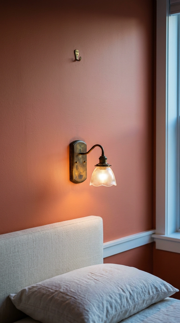 Unlacquered brass sconce mounted on a muted terracotta-coral bedroom wall