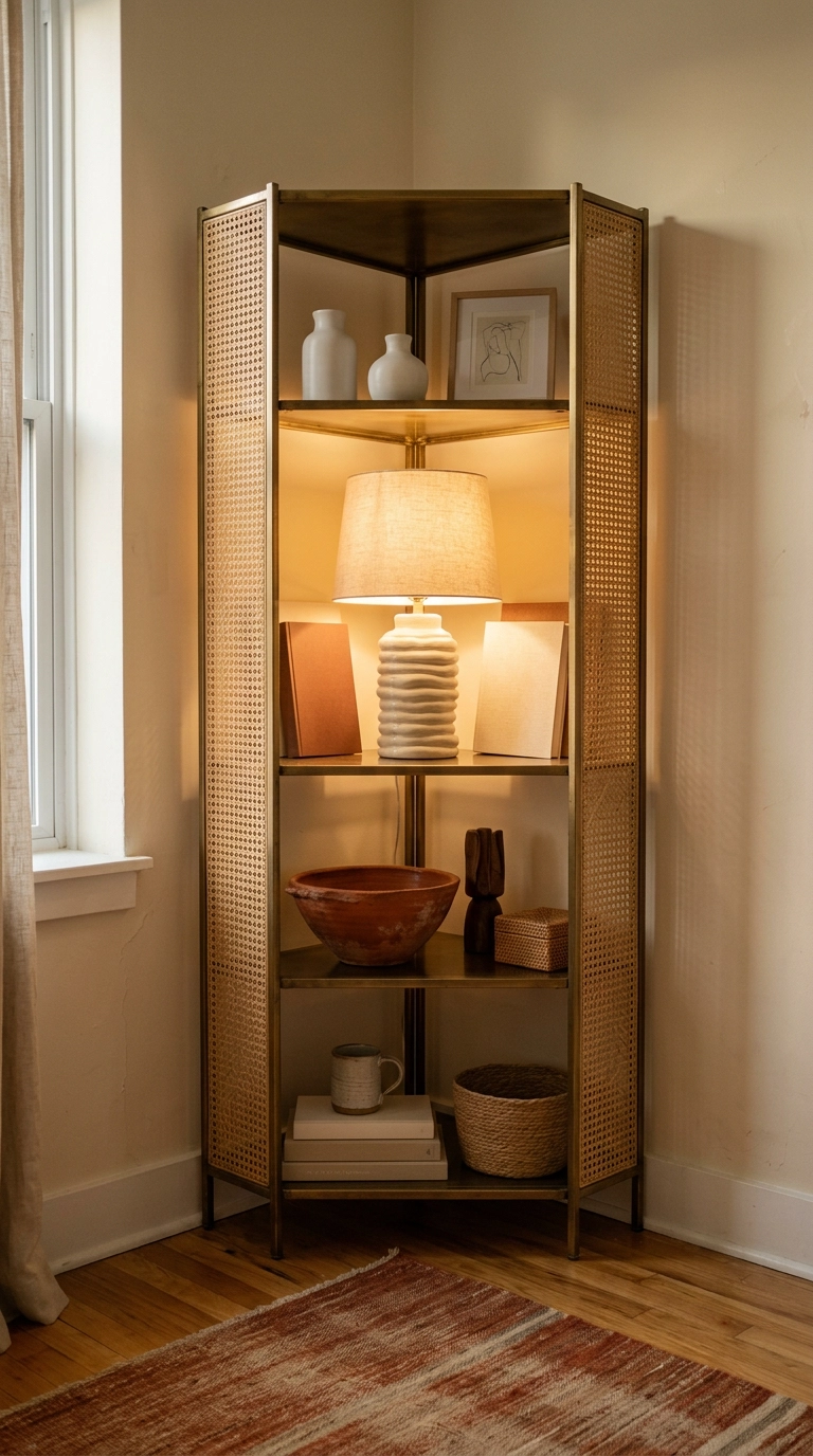 Slim brass and cane corner etagere with sparse pottery styling in a guest bedroom