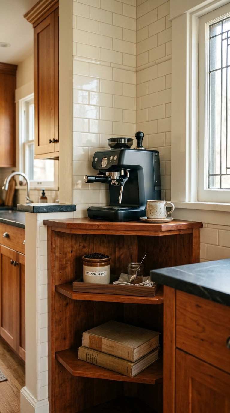Cherry corner bookshelf used as a kitchen coffee station with espresso machine and cookbooks
