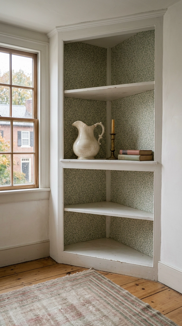 White corner bookshelf with sage botanical wallpaper lining the shelf backs in a guest bedroom