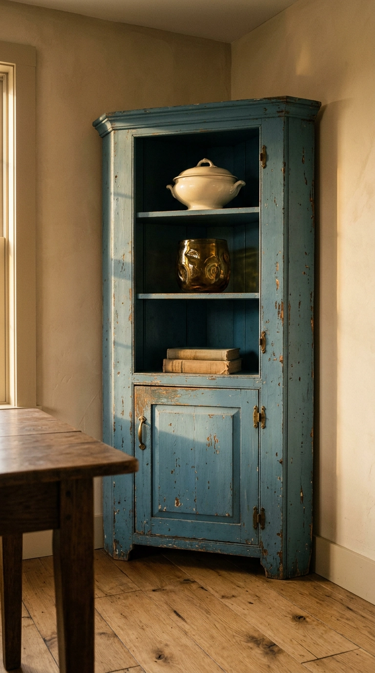 Salvaged antique corner cabinet in chipped blue milk paint with ironstone in a farmhouse dining room