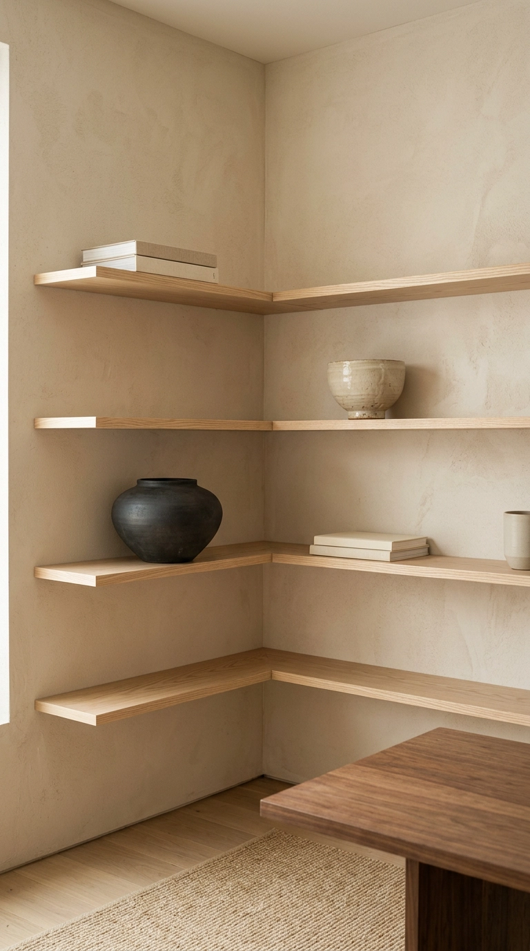 Staggered floating ash shelves wrapping around both walls of a Japandi home office corner