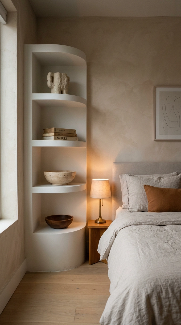 Curved white corner bookshelf with rounded edges in a small bedroom with clay limewash walls