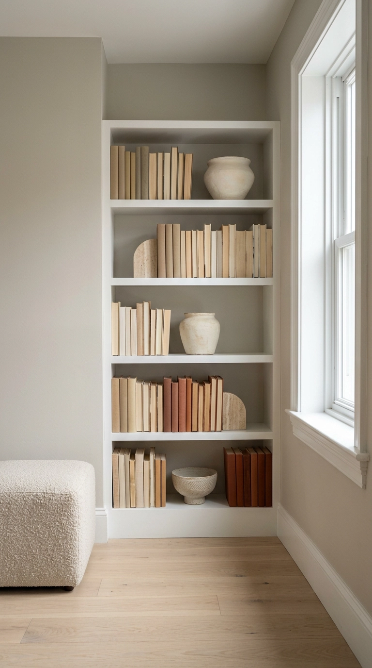 Corner bookshelf with books grouped in muted sand and rust color blocks