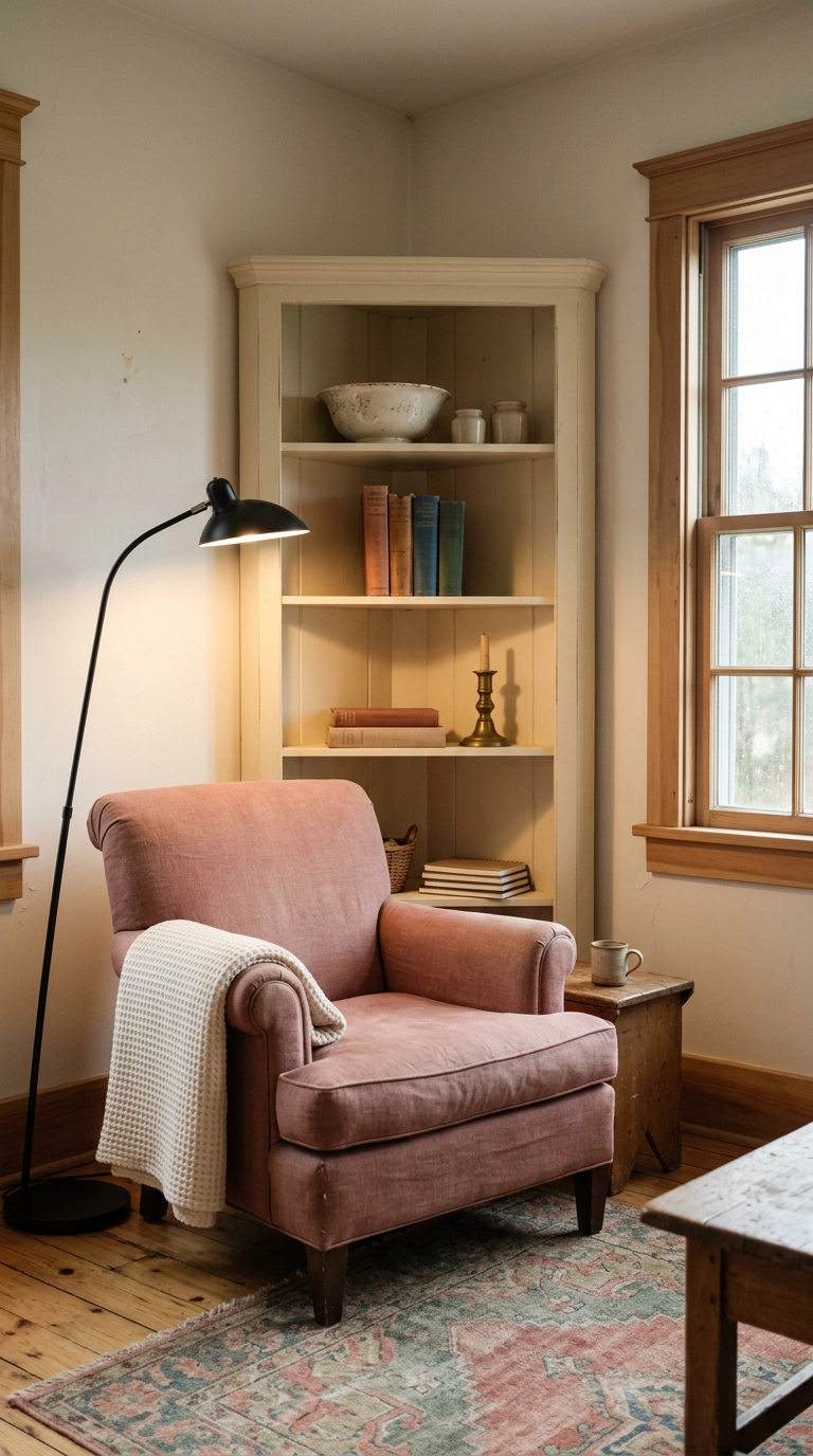 Cream corner bookshelf beside a rose linen reading chair and arc floor lamp