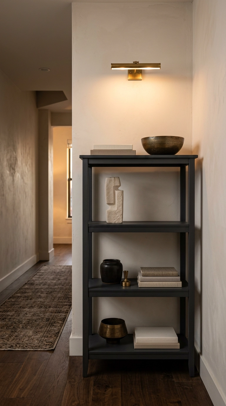 Charcoal corner bookshelf with a pale limestone sculpture alone on one lit tier