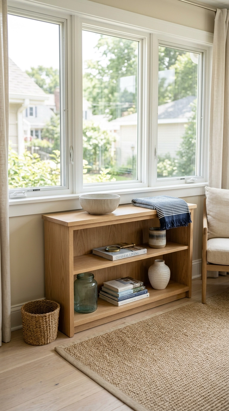 Low white oak corner bookshelf under sunroom windows doubling as a ledge with a folded throw