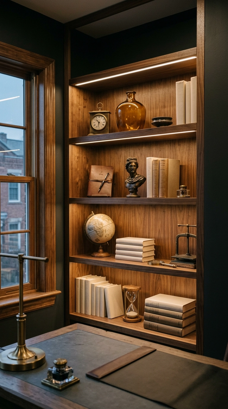 Walnut corner bookshelf with hidden warm LED strip lighting in a dark home office