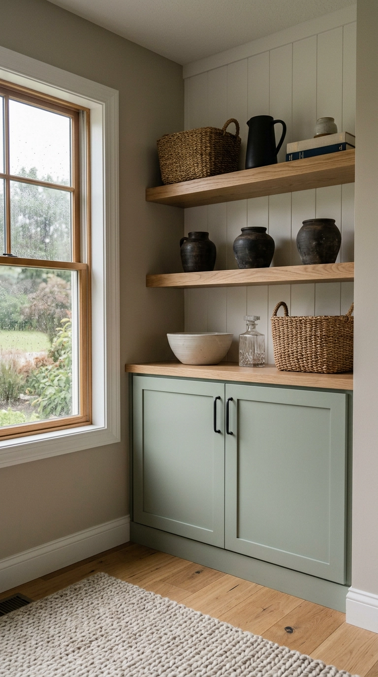 Sage green corner cabinet base with three open white oak shelves above in a family room