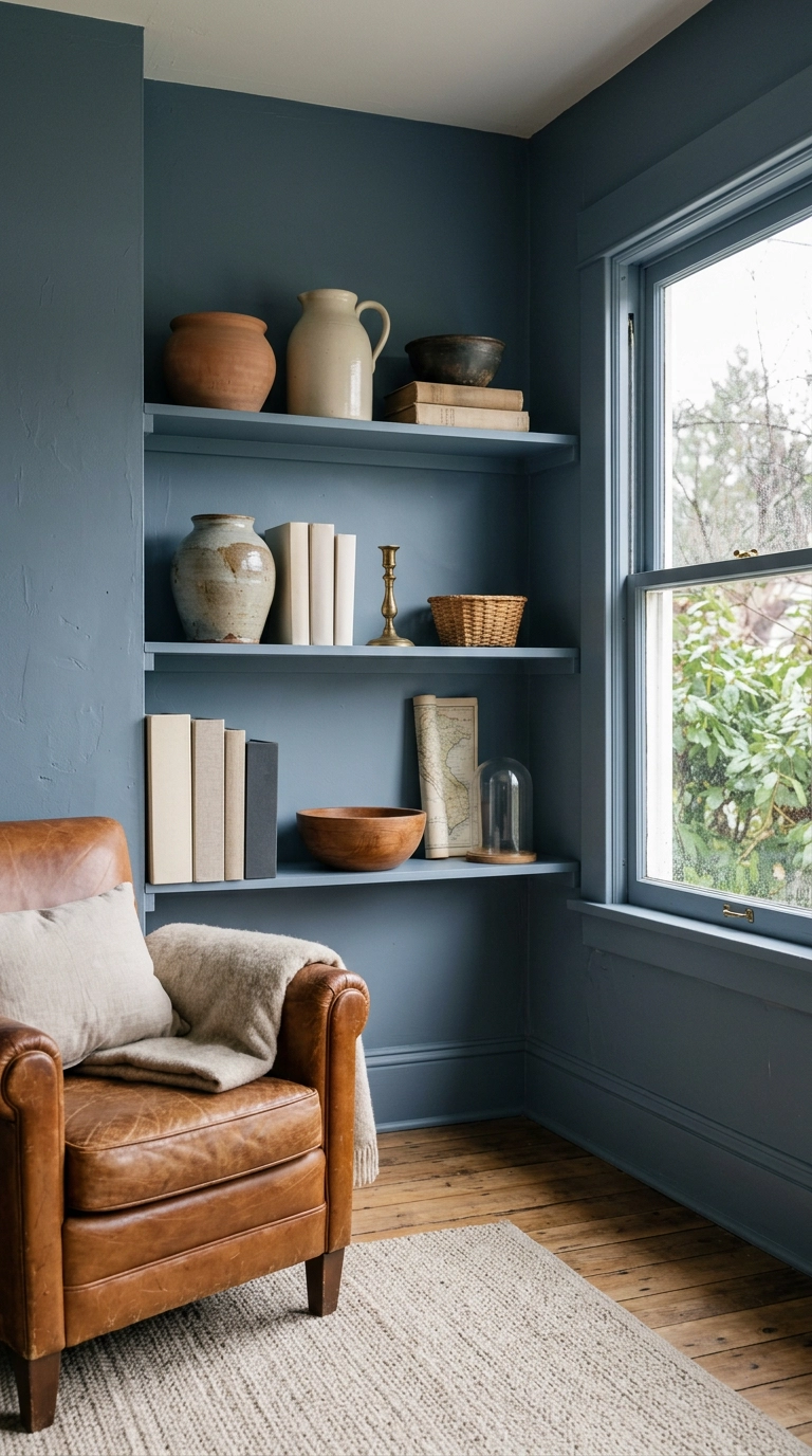 Corner reading nook with bookshelf and walls color drenched in muted slate blue