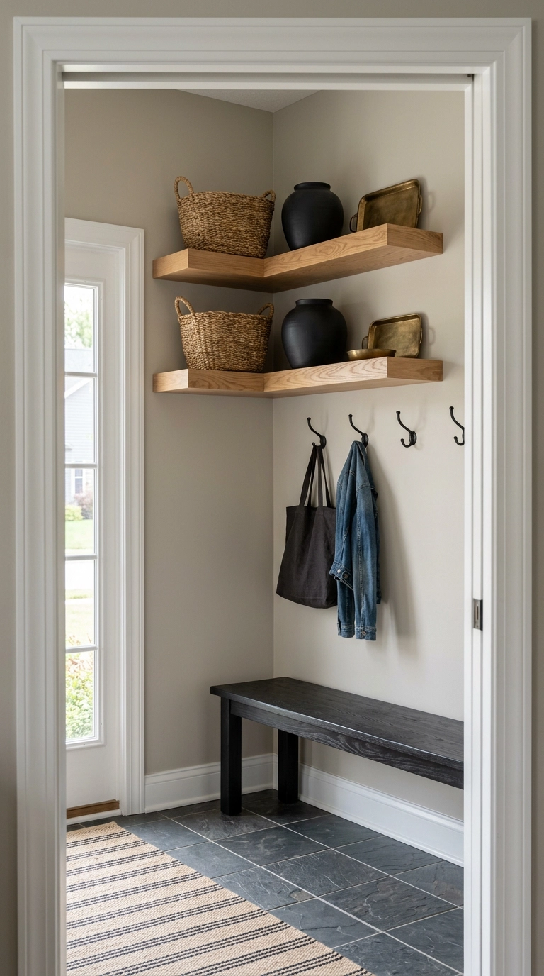 White oak corner shelves above a black bench in a farmhouse entryway drop zone