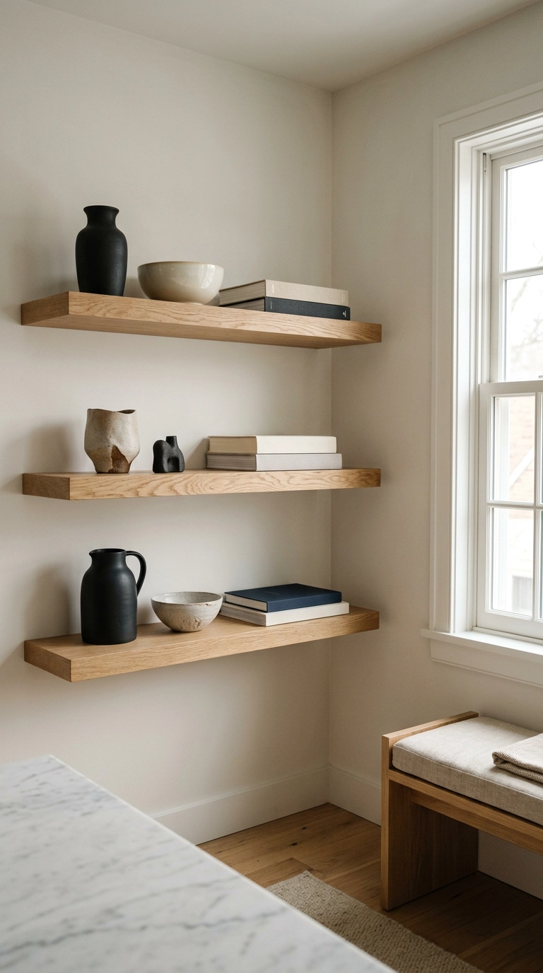 Three floating white oak corner shelves with hidden brackets in a minimalist dining corner