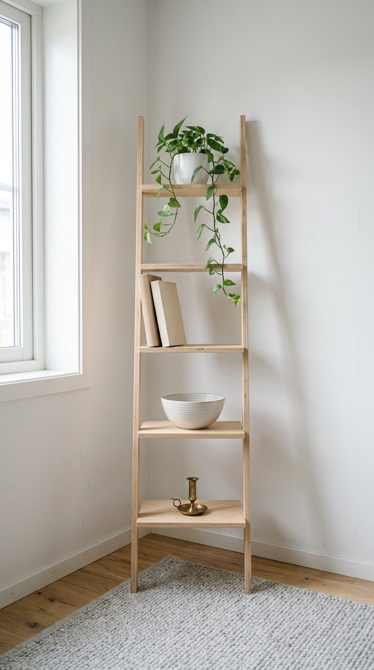 Slim birch ladder shelf leaning into an apartment corner with minimal styling