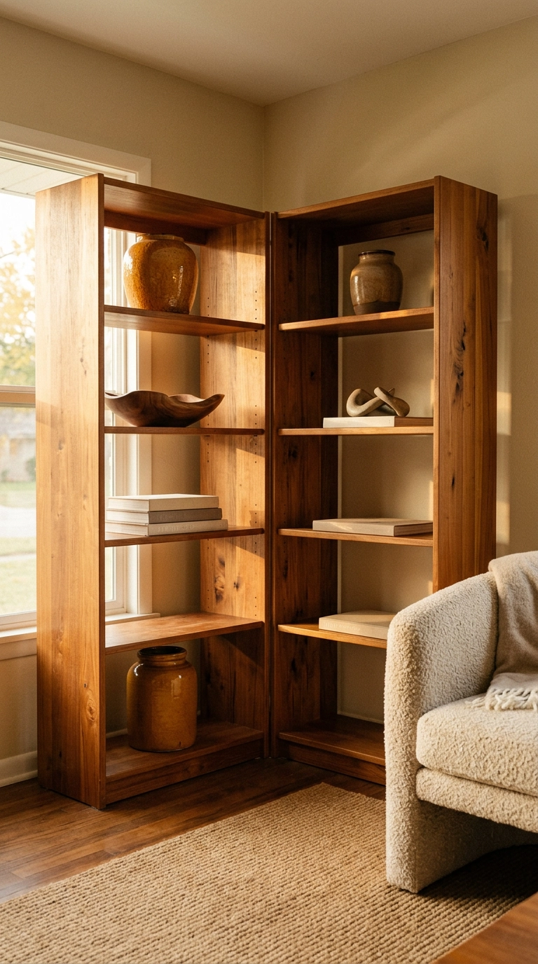 Two tall teak bookcases meeting in an L shape in a mid-century living room corner
