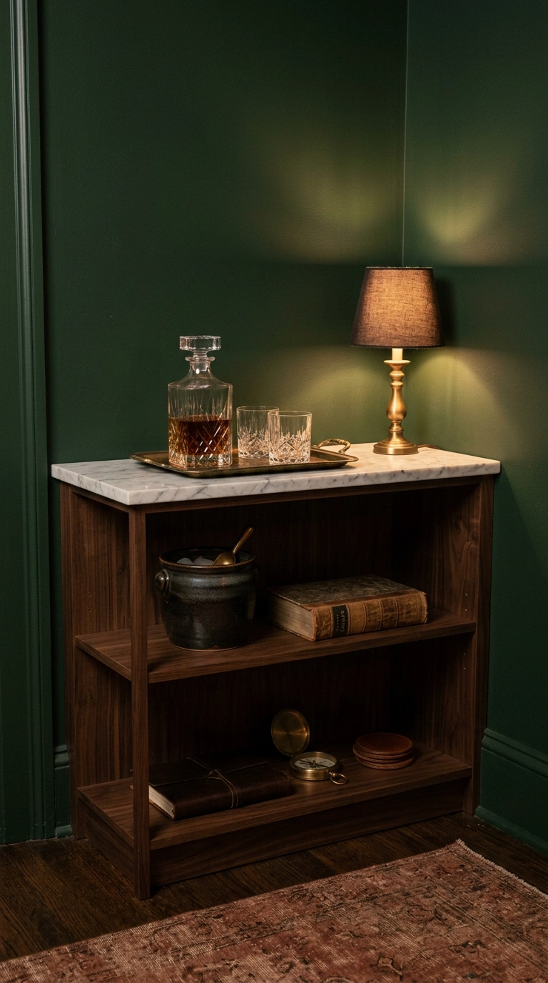 Walnut corner bookshelf with a marble top used as a small bar with decanter and glasses