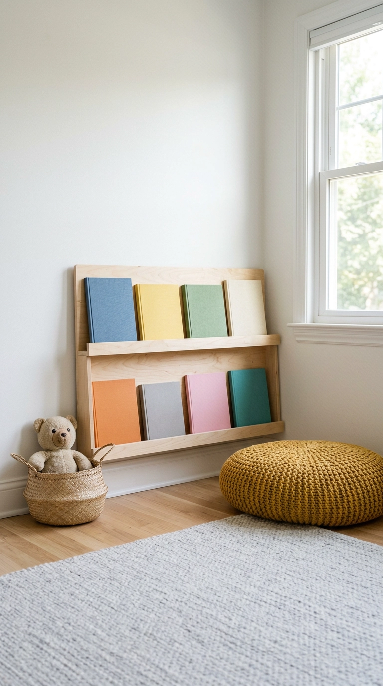 Low birch corner bookshelf with front-facing picture books in a child's bedroom