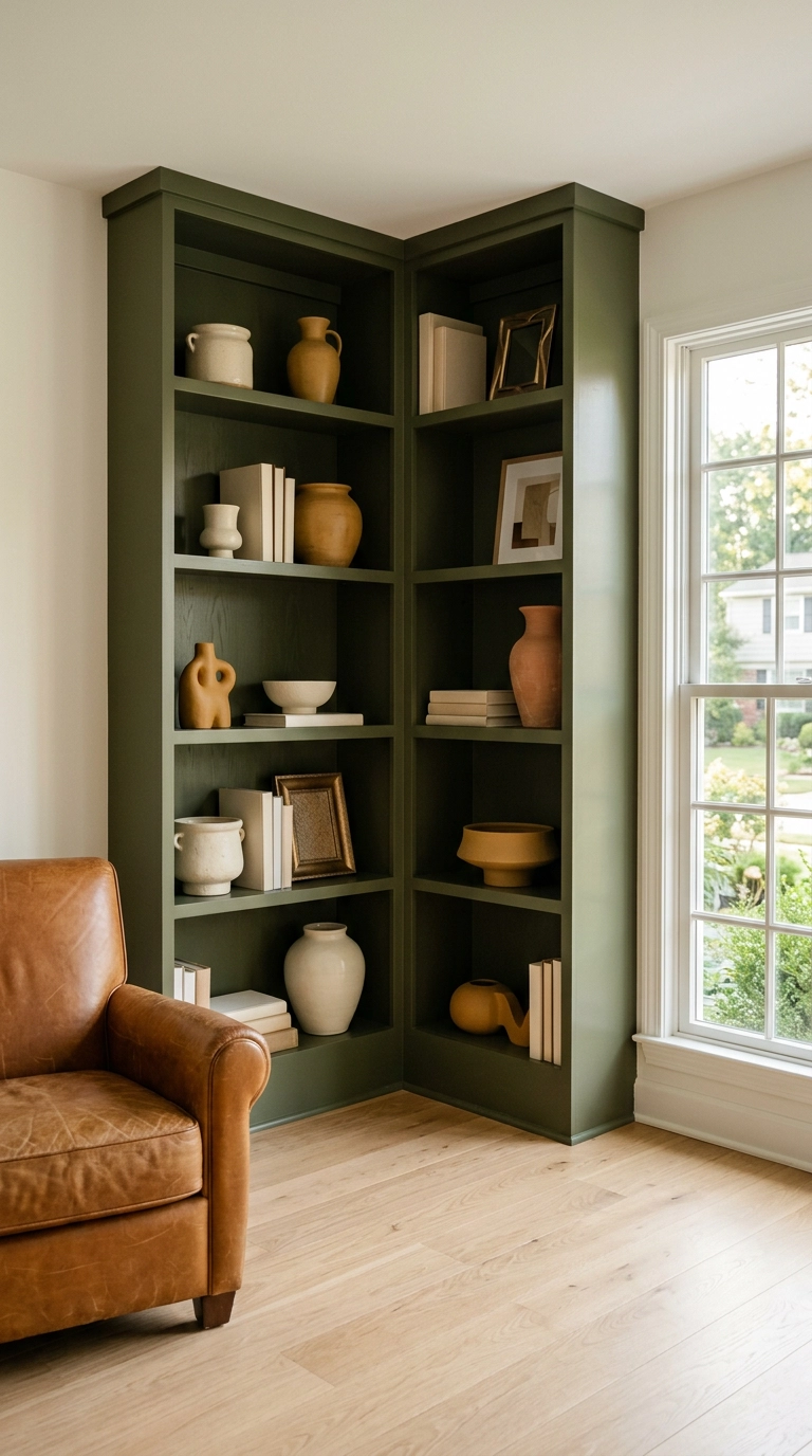 Deep olive floor-to-ceiling corner bookshelf with sparse ceramic and book styling in a living room