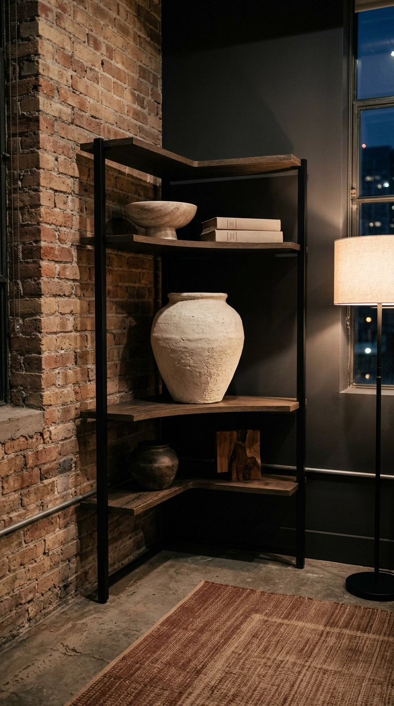 Corner bookshelf anchored by one oversized chalky cream ceramic vessel in a loft
