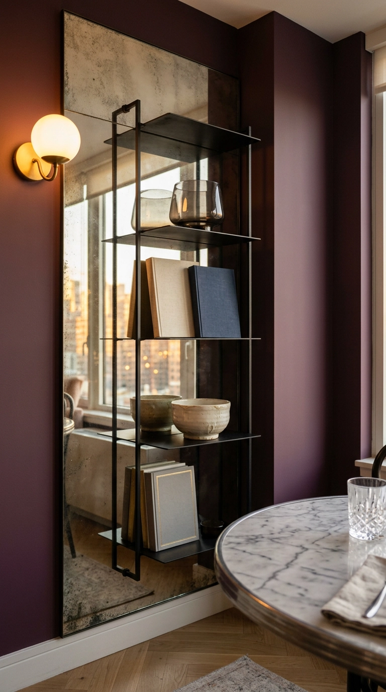 Black corner bookshelf in front of an antiqued mirror panel in a plum dining room