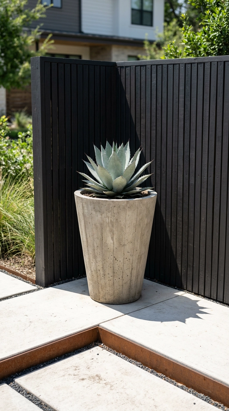 Oversized grey concrete planter with a single silver-blue agave in a modern dark-fenced garden corner