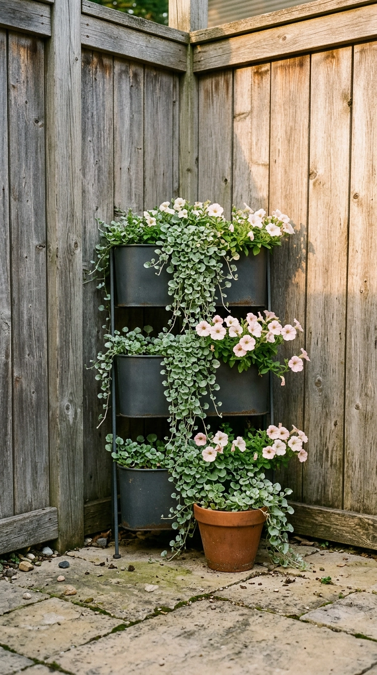 Three-tier charcoal metal corner planters with trailing silver and blush flowers against a grey fence