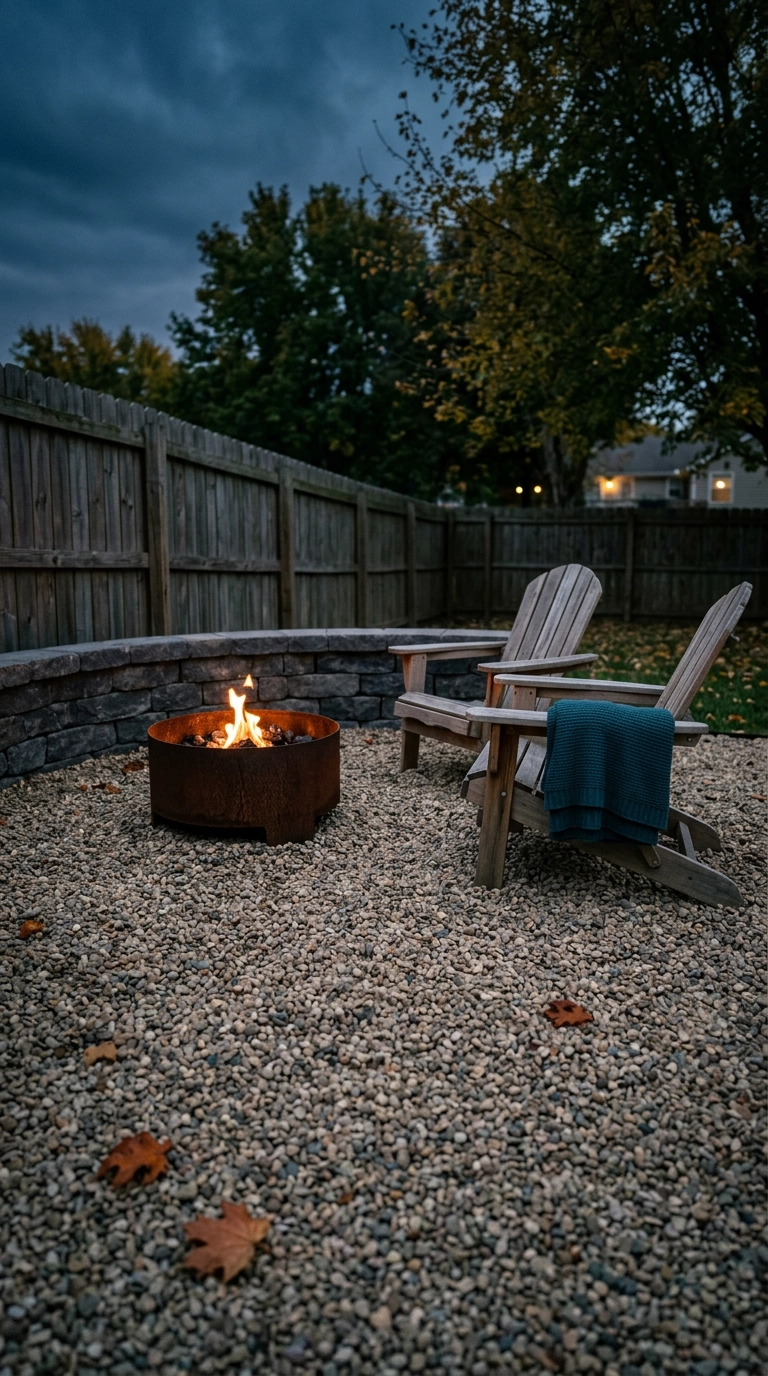 Rusted steel firepit in a gravel corner nook with two cedar Adirondack chairs at dusk