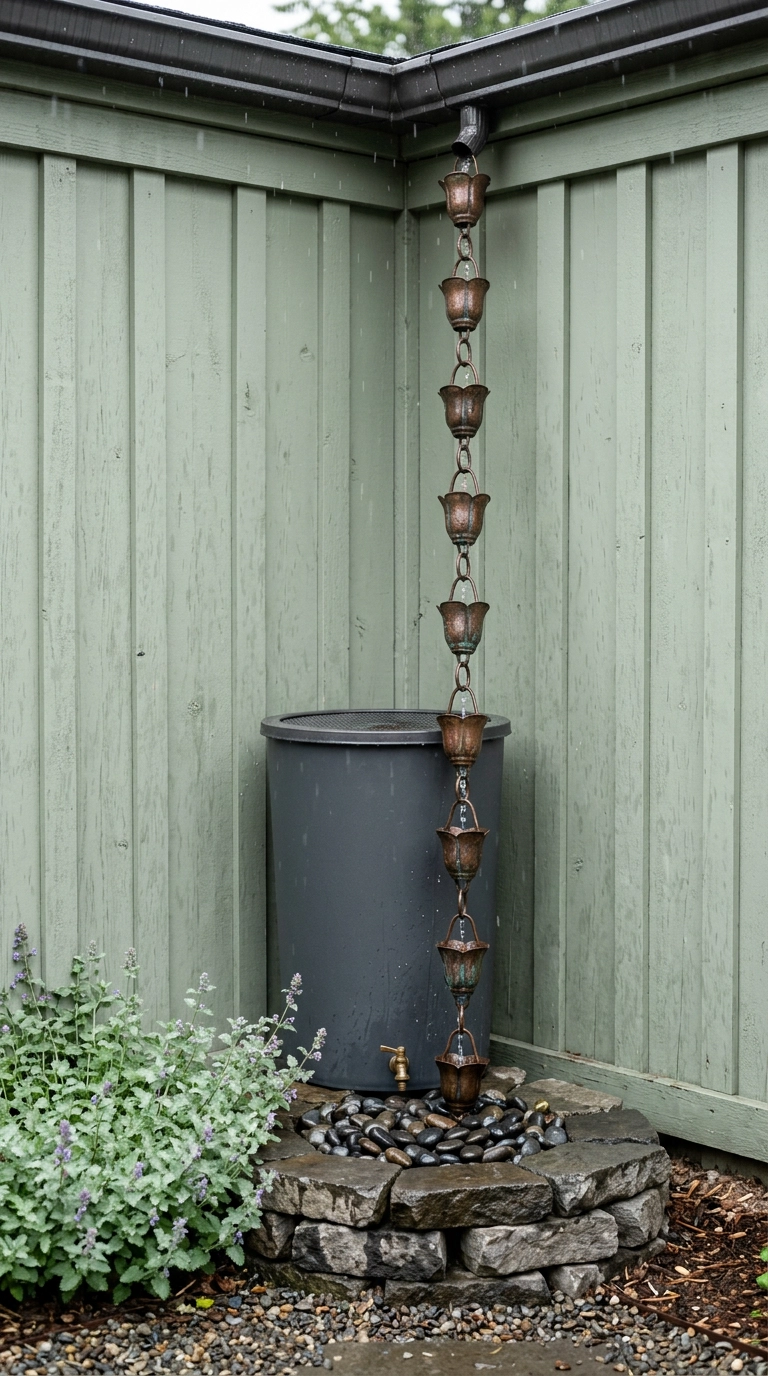 Aged copper rain chain running from a gutter into a charcoal rain barrel in a sage-green fence corner