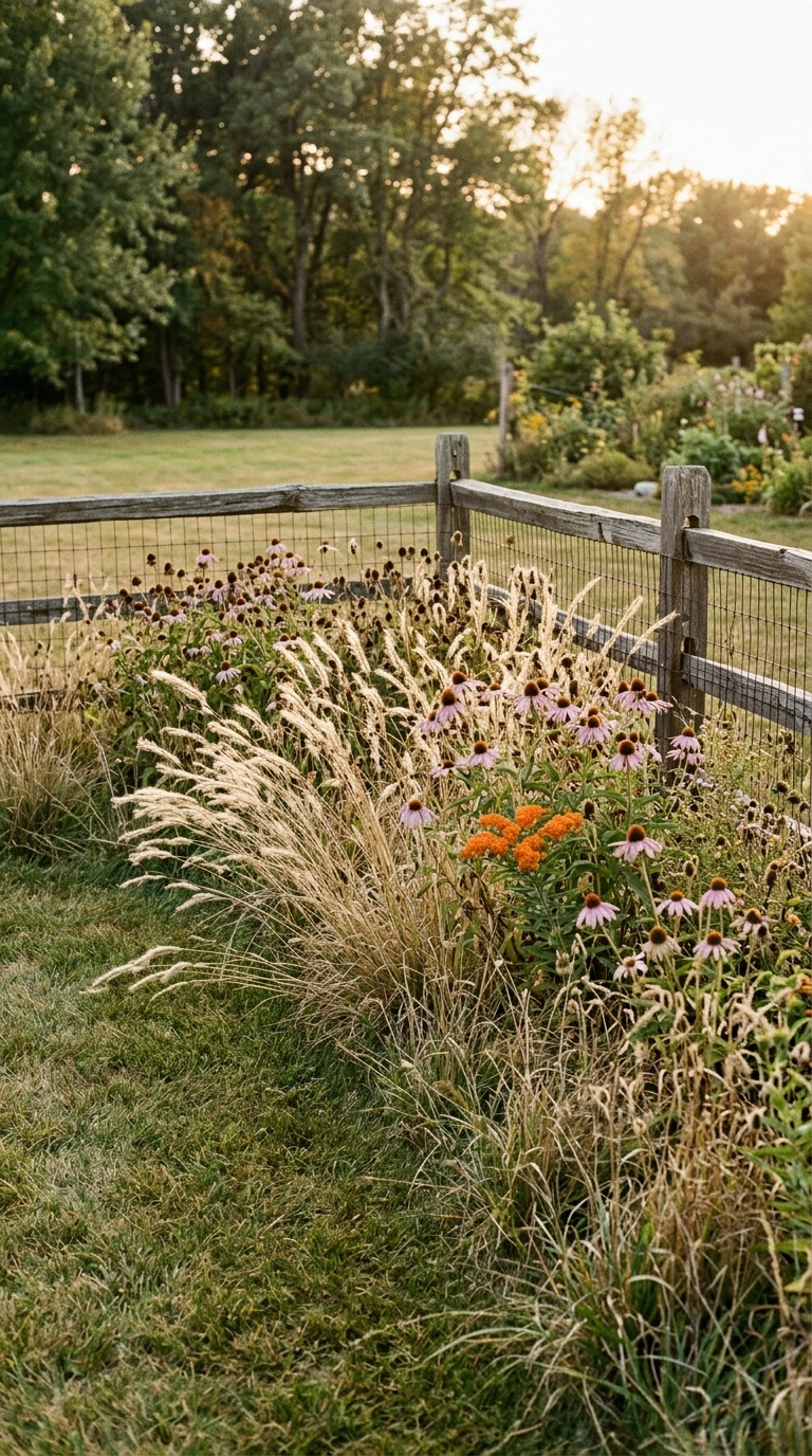 Pollinator meadow corner with golden little bluestem, lilac coneflowers and orange butterfly weed at sunset