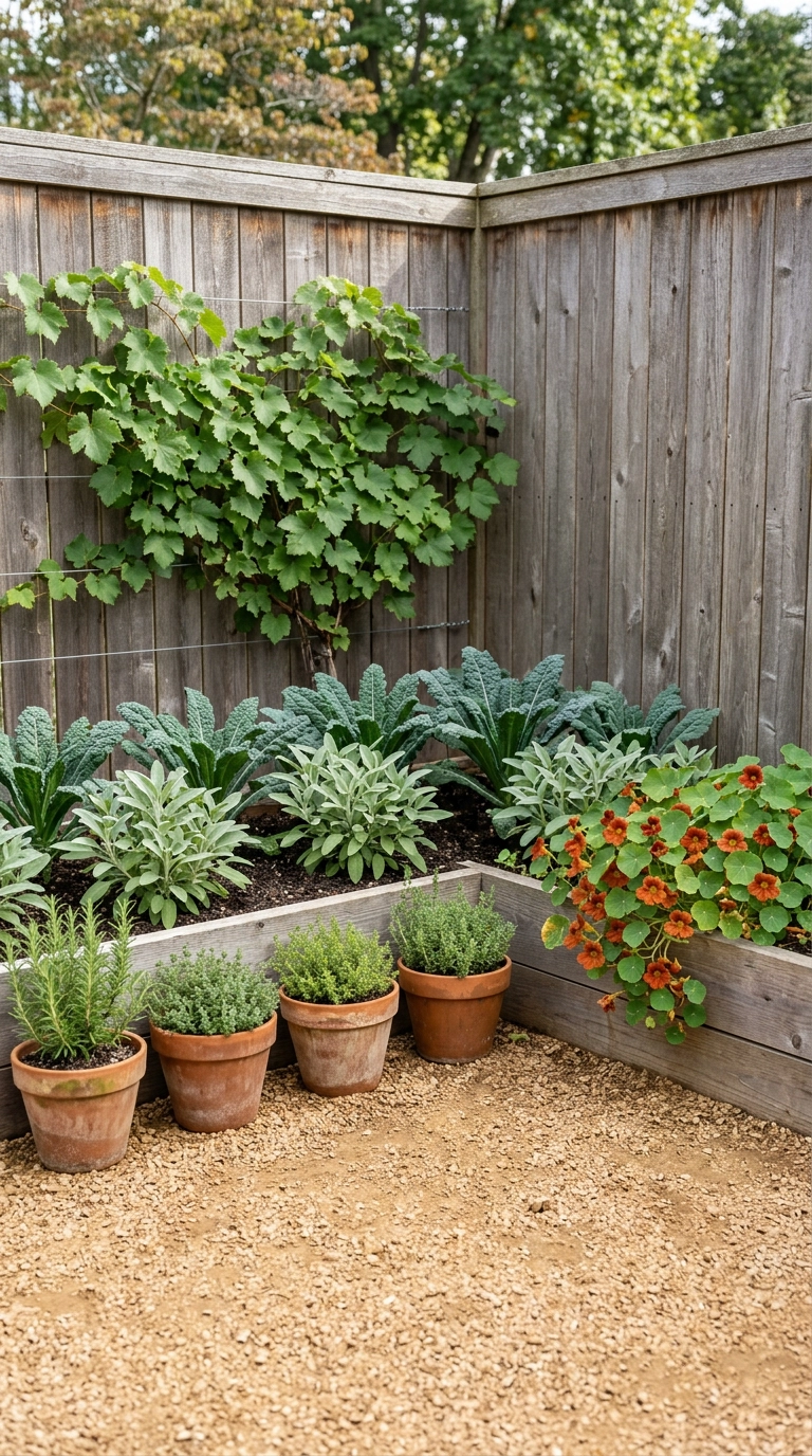 Edible garden corner with kale, sage and terracotta herb pots below a grapevine trained on fence wire