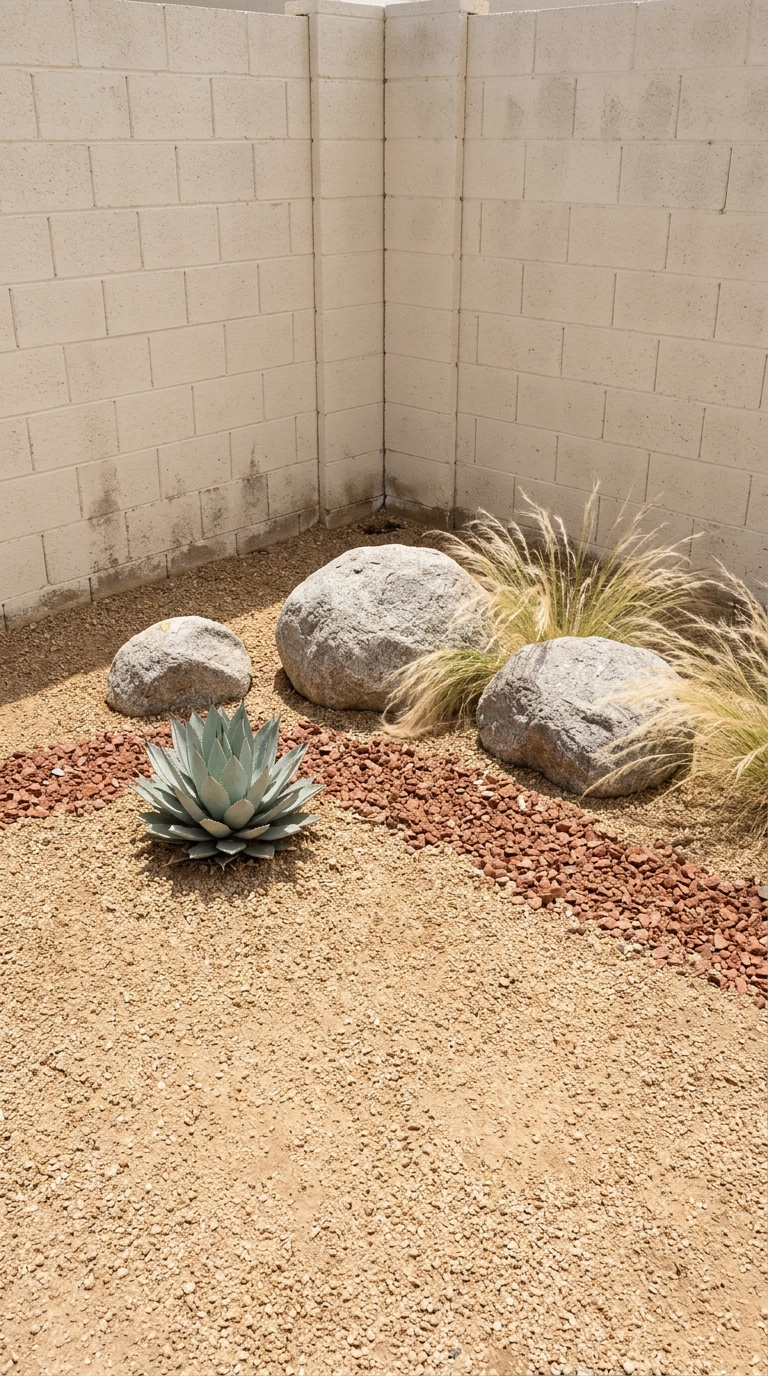 Dry rock corner garden with grey boulders, tan gravel and silver-blue agave against pale block walls