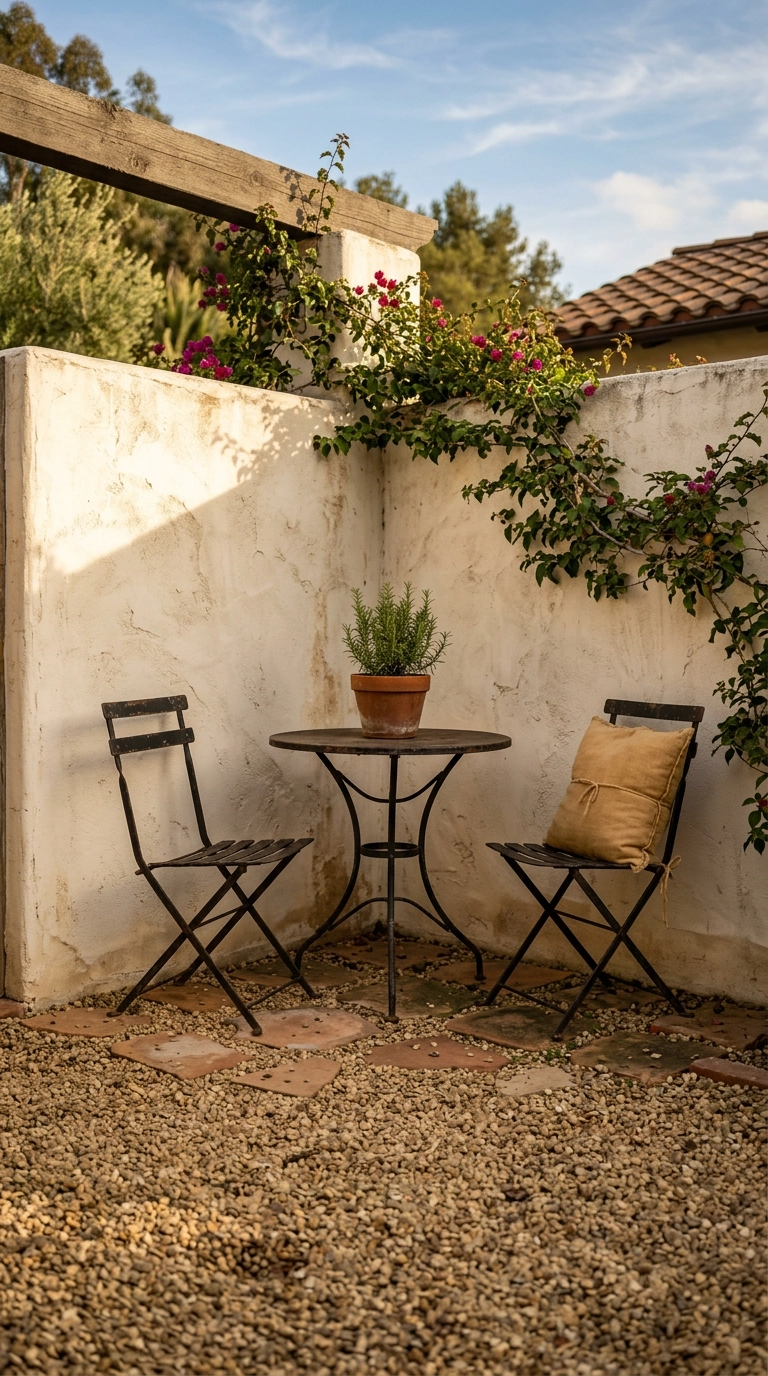 Black wrought iron bistro table and two chairs on tan gravel in a bone-white stucco garden corner