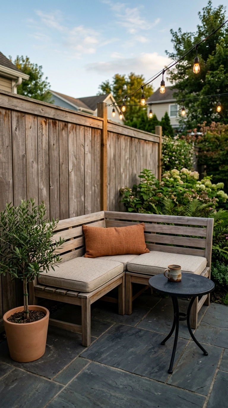 L-shaped teak corner bench with oatmeal cushions and a rust lumbar pillow lit by string lights at dusk