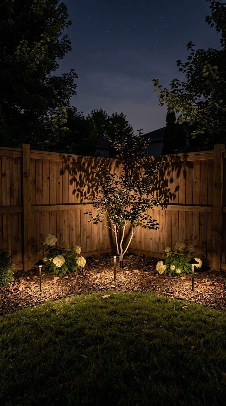 Warm low-voltage path lights and a tree uplight glowing in a dark backyard fence corner at night