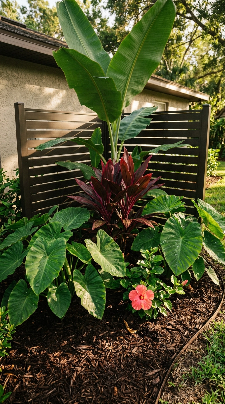 Tropical corner planting with banana leaves, burgundy cordyline and a coral hibiscus against bronze fencing