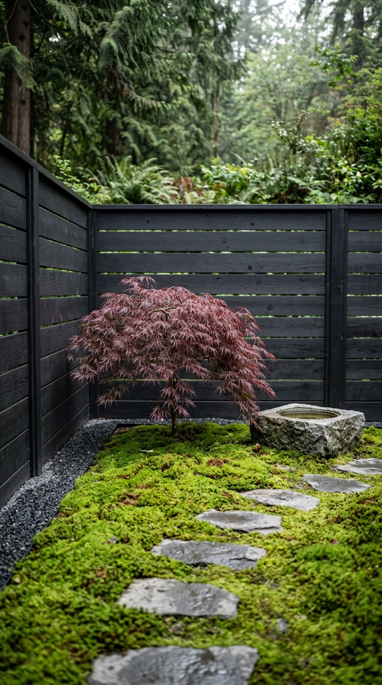 Japanese-inspired garden corner with a burgundy maple, emerald moss and a low granite water basin