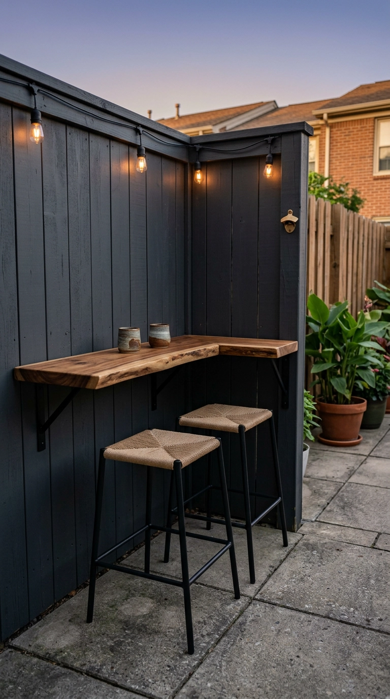 L-shaped acacia bar ledge on a charcoal fence corner with two black stools under warm bistro lights