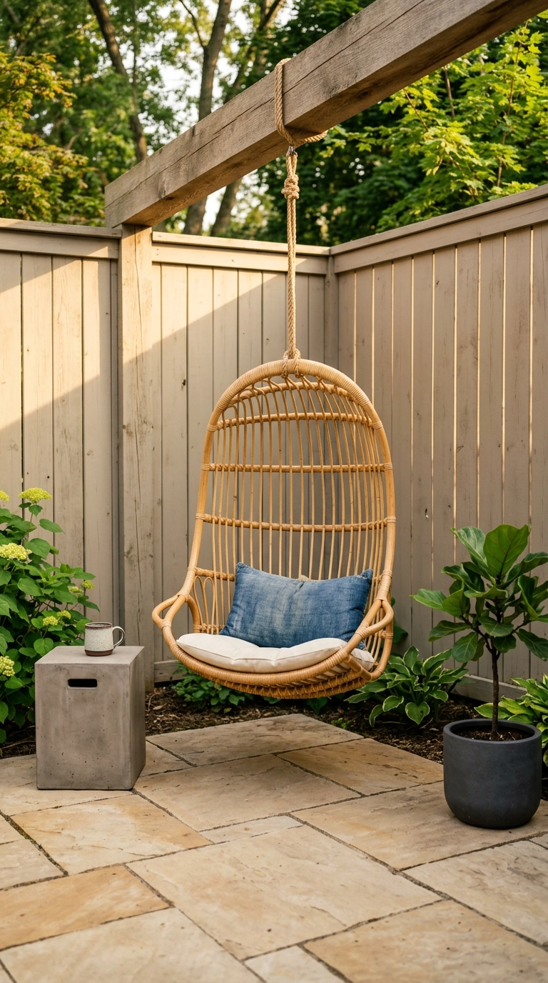 Woven rattan hanging egg chair suspended from an oak corner beam with a cream cushion and indigo pillow
