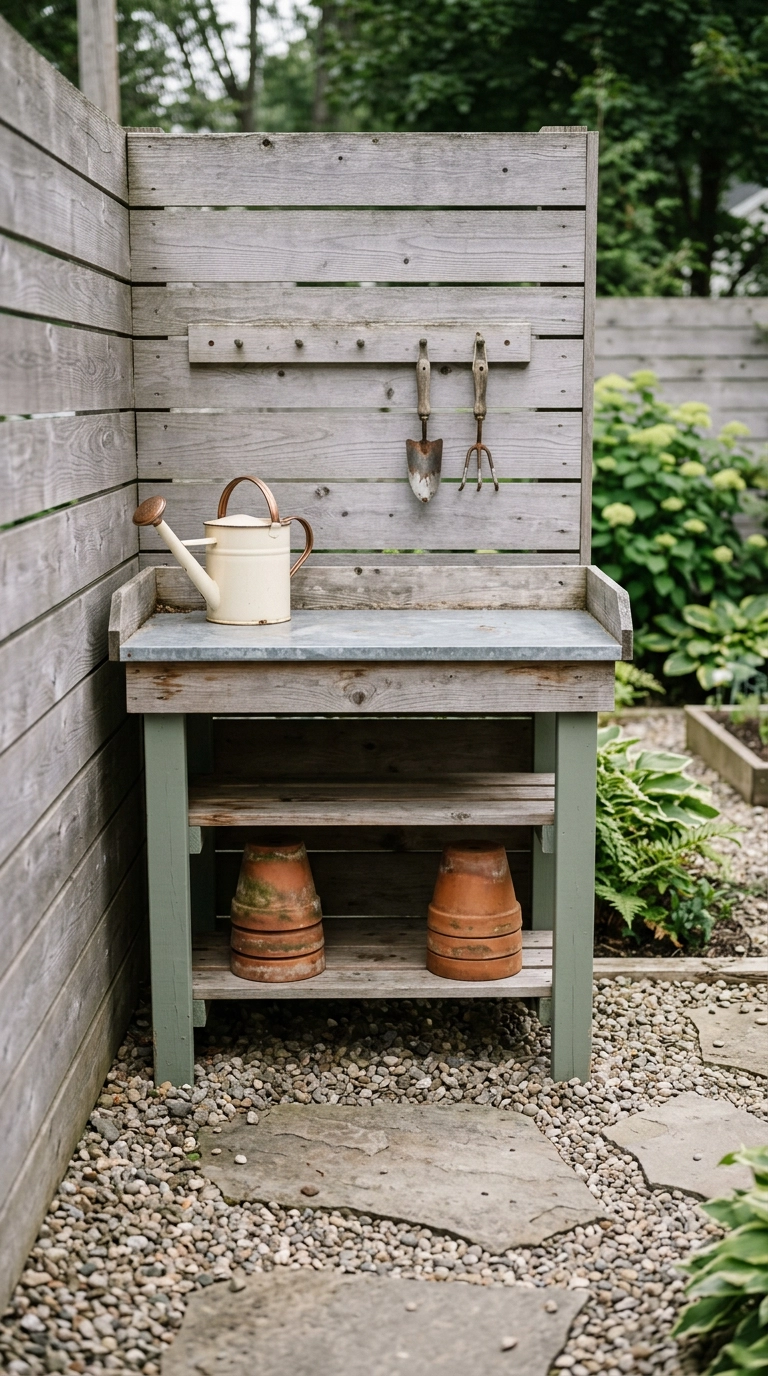 Cedar potting bench with a galvanized top in a fence corner holding terracotta pots and a cream watering can
