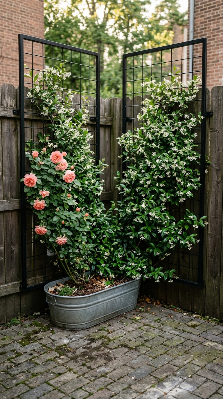 Black grid trellis panels in a garden corner with climbing white star jasmine and a coral rose