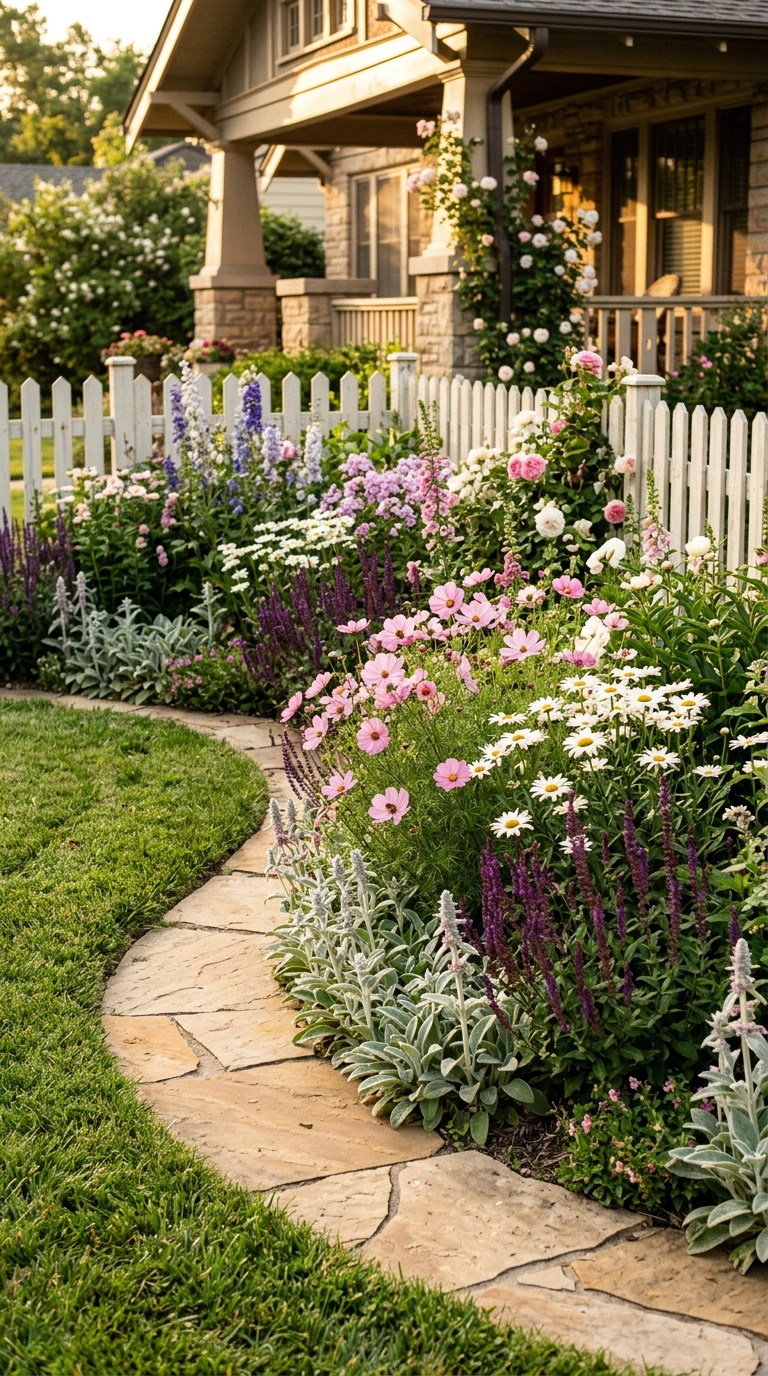 Cottage garden corner border with pink cosmos, white daisies and plum salvia against a white picket fence