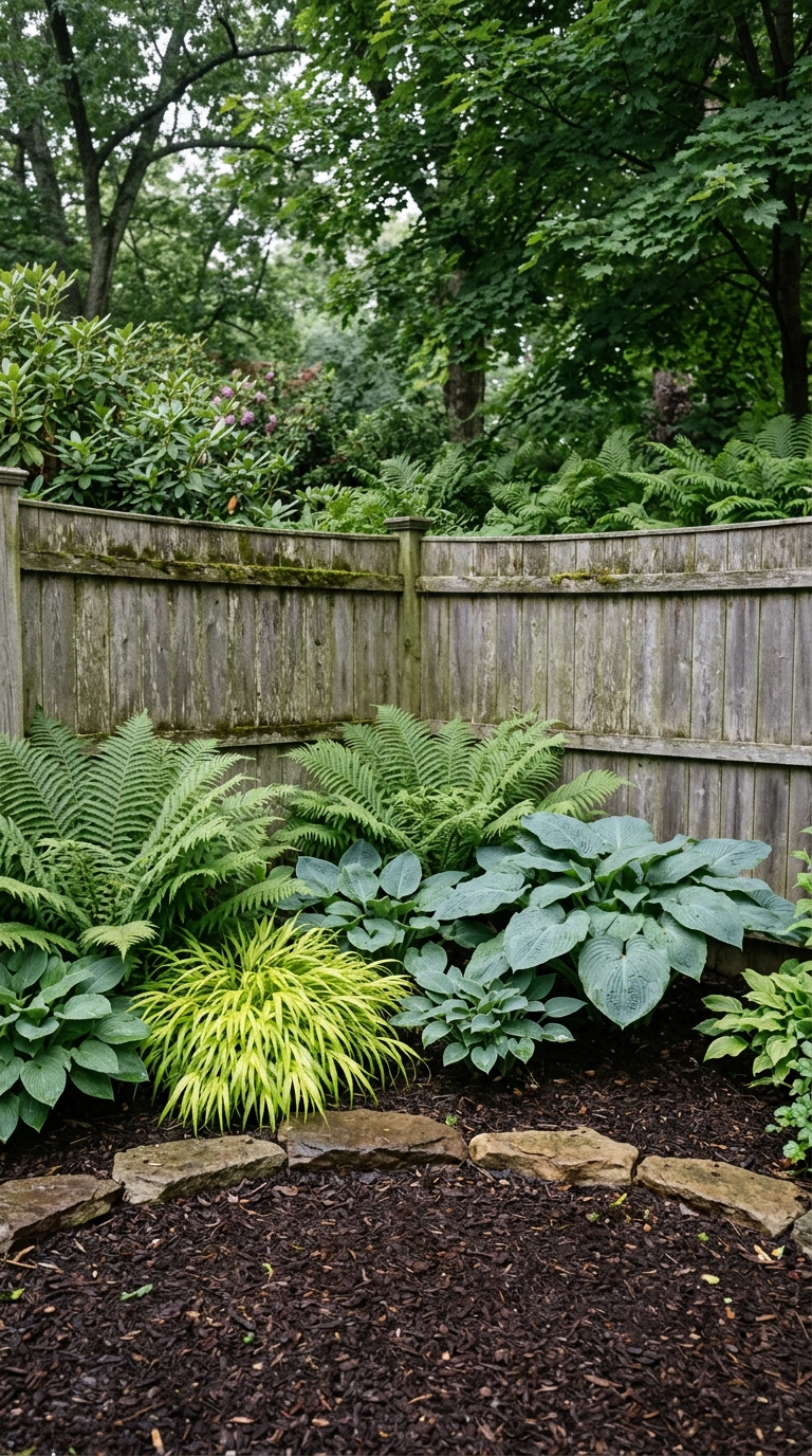 Shaded fence corner planted with ostrich ferns, blue-grey hostas and chartreuse forest grass