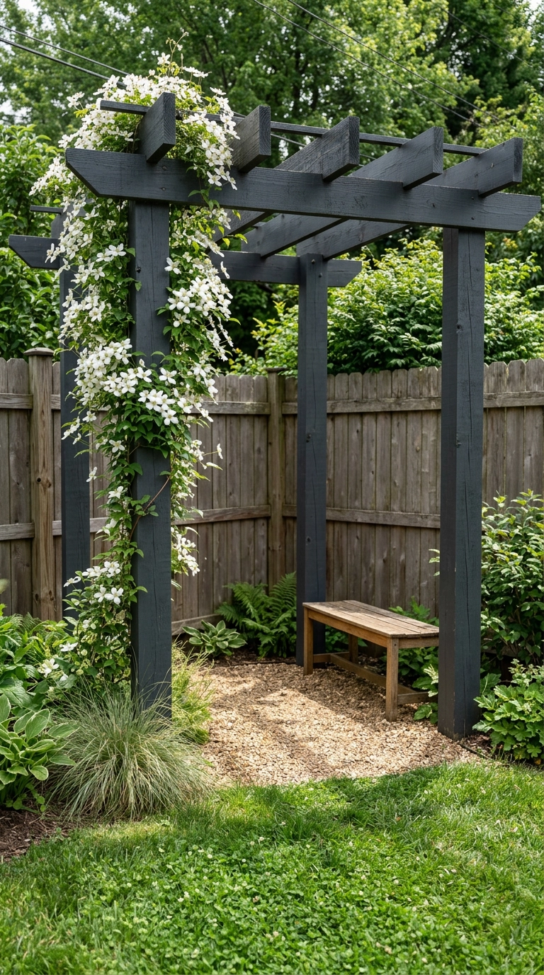 Charcoal corner arbor set diagonally across a fence corner with climbing white clematis and gravel below