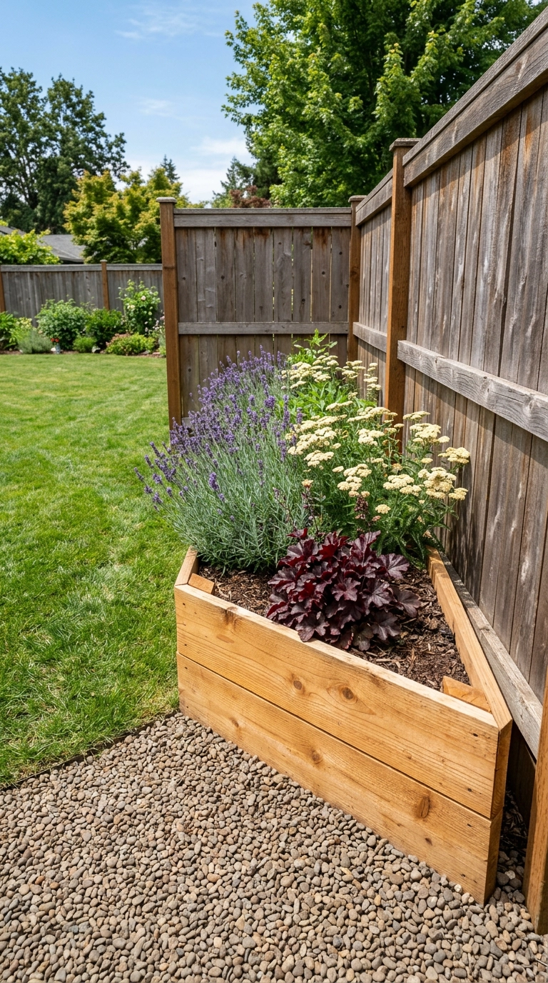 Triangular cedar raised garden bed tucked into a fence corner planted with lavender and yarrow