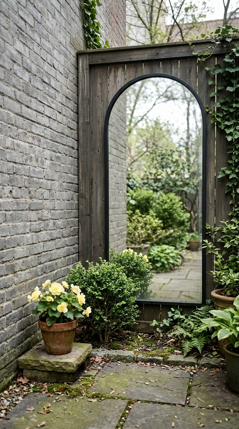 Arched black-framed outdoor mirror on a courtyard fence corner reflecting greenery above a boxwood