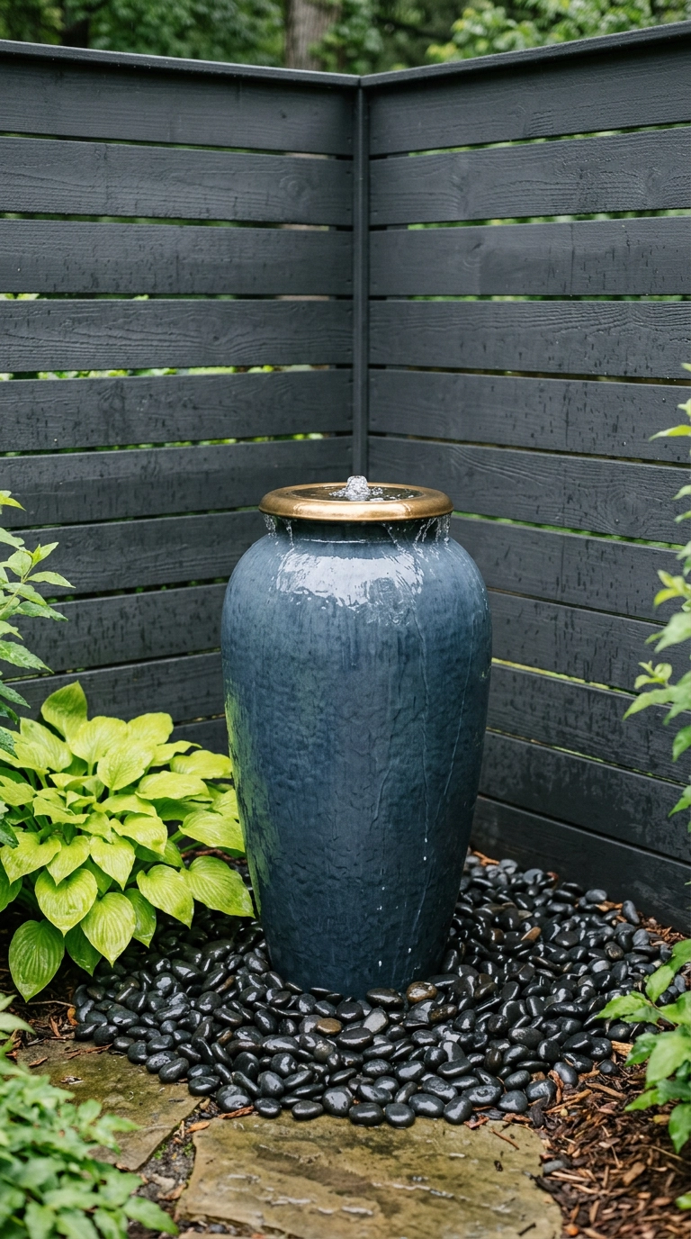 Slate blue bubbling urn fountain on black river pebbles in a shaded corner with charcoal slat fencing