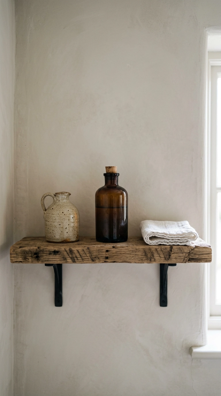 Reclaimed timber shelf on iron brackets holding three objects in a cottage bathroom